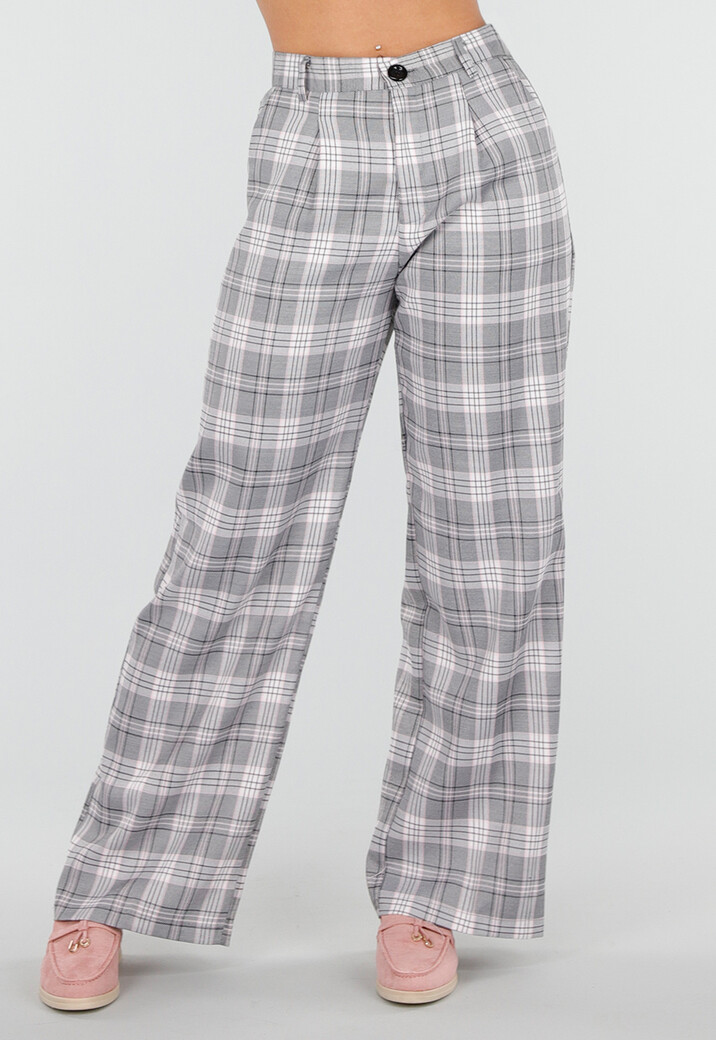 Grijs Roze Geruite Pantalon Straight Leg