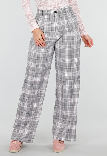 Grijze Geruite Pantalon Straight Leg