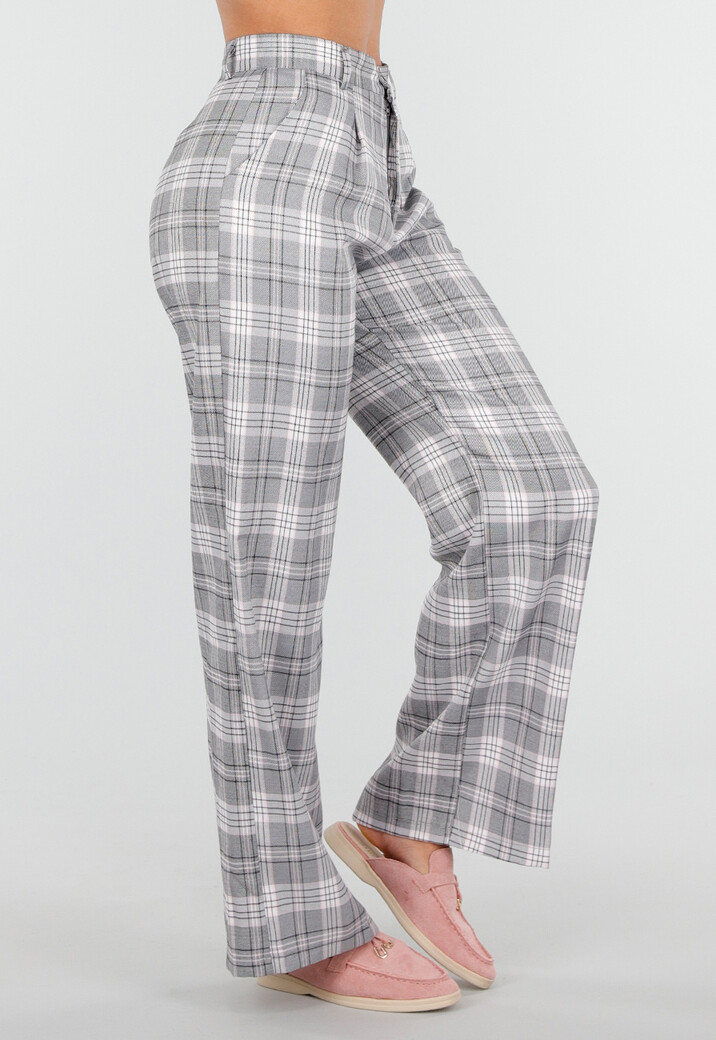 Grijs Roze Geruite Pantalon Straight Leg