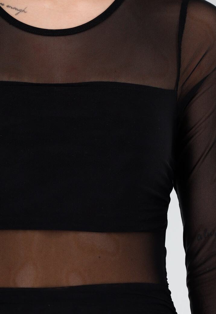 Zwarte Mesh Jurk met Lange Mouwen en Stretch