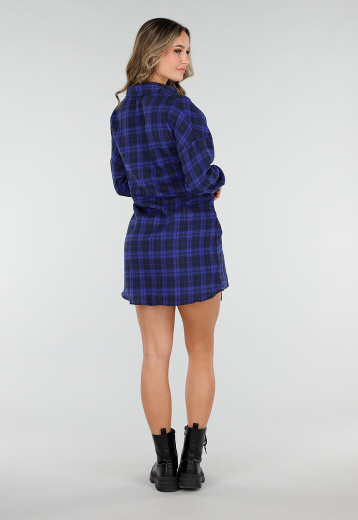 Donkerblauwe Geruite Blouse Jurk met Strikmouwen