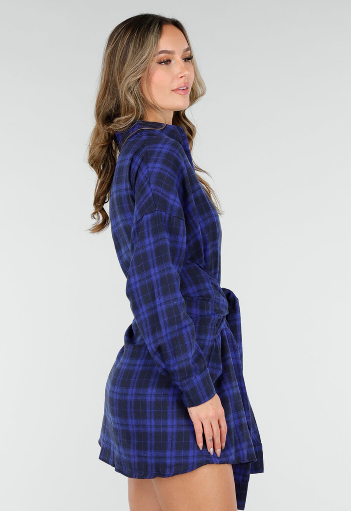 Donkerblauwe Geruite Blouse Jurk met Strikmouwen