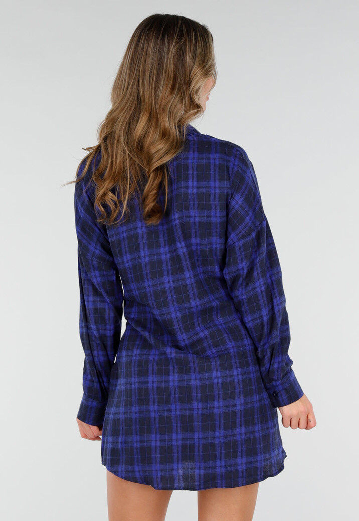 Donkerblauwe Geruite Blouse Jurk met Strikmouwen