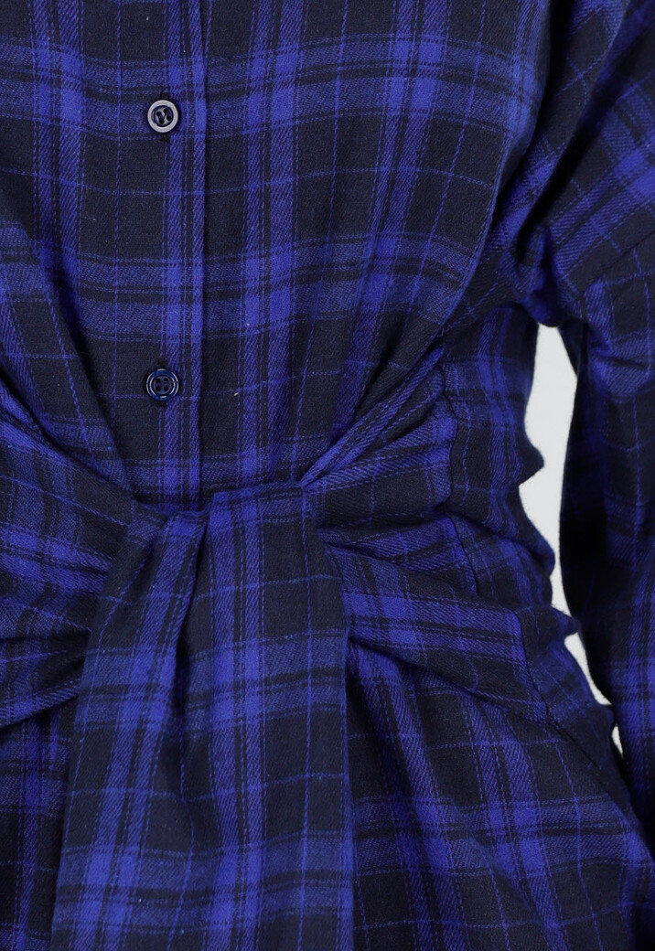 Donkerblauwe Geruite Blouse Jurk met Strikmouwen