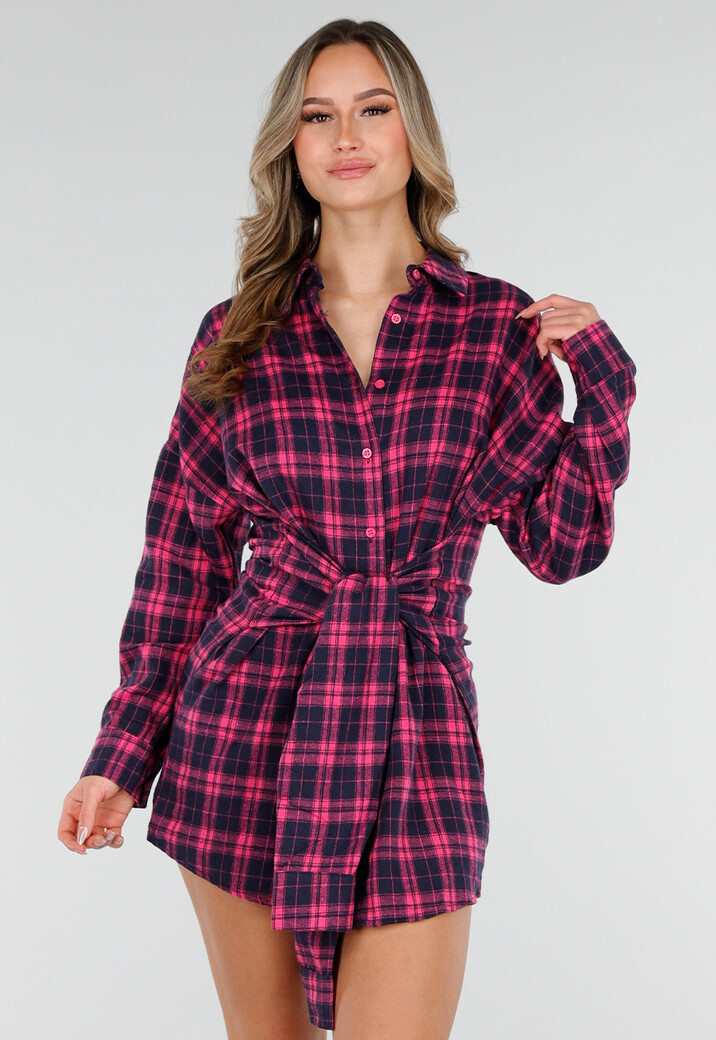 Roze Geruite Blouse Jurk met Tailleband