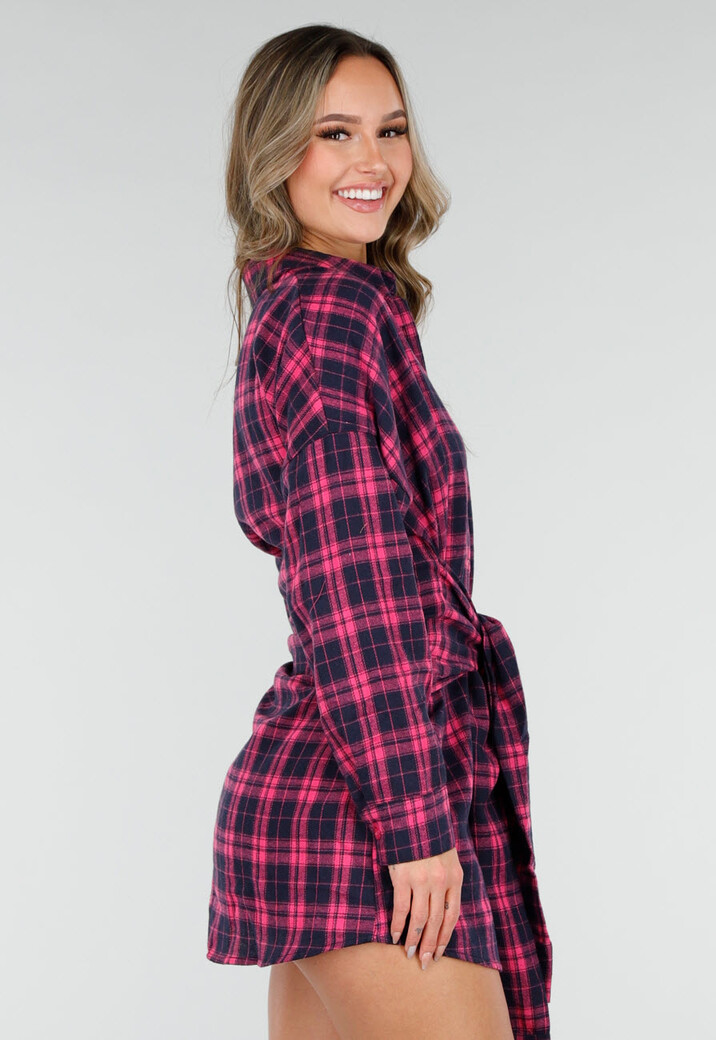 Roze Geruite Blouse Jurk met Tailleband