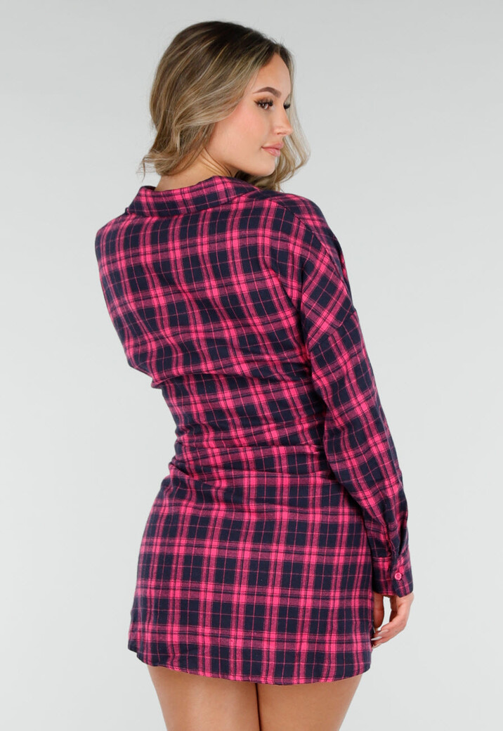 Roze Geruite Blouse Jurk met Tailleband