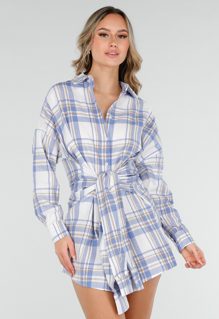 Blauw Geruite Blouse Jurk met Strikmouwen