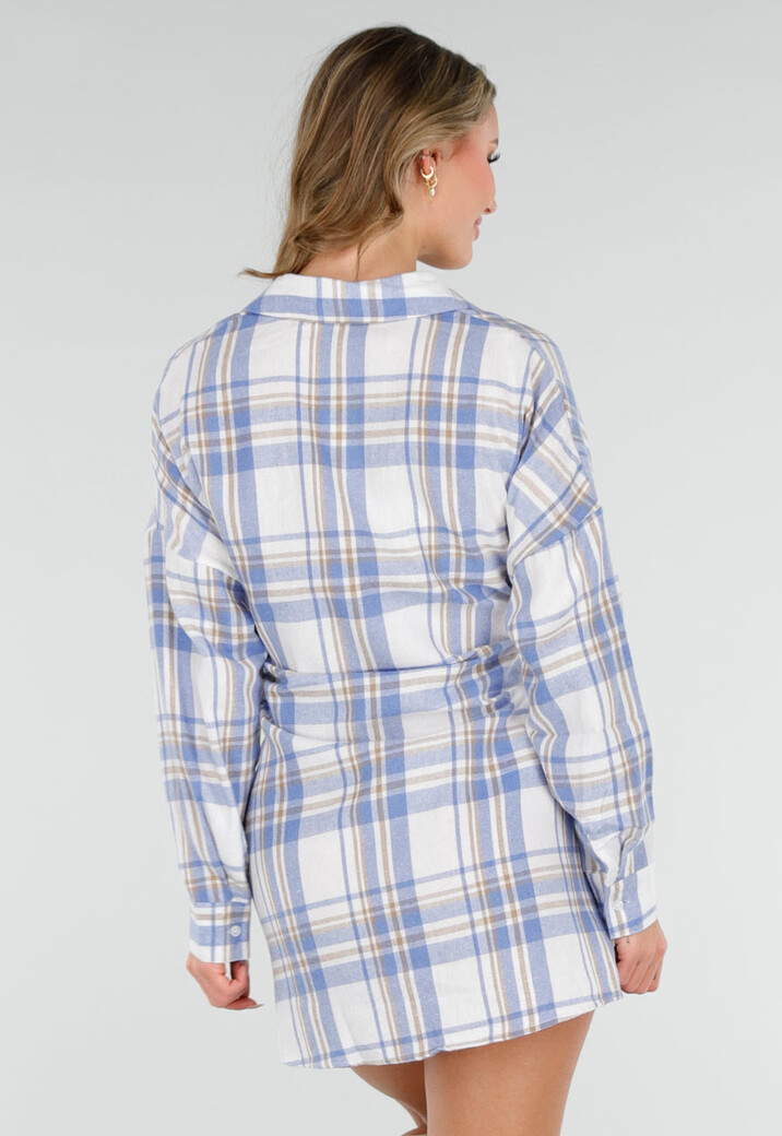 Blauw Geruite Blouse Jurk met Strikmouwen