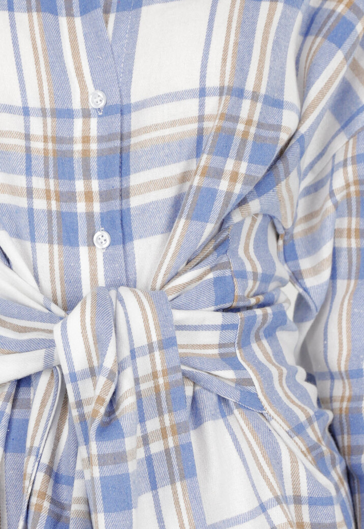 Blauw Geruite Blouse Jurk met Strikmouwen