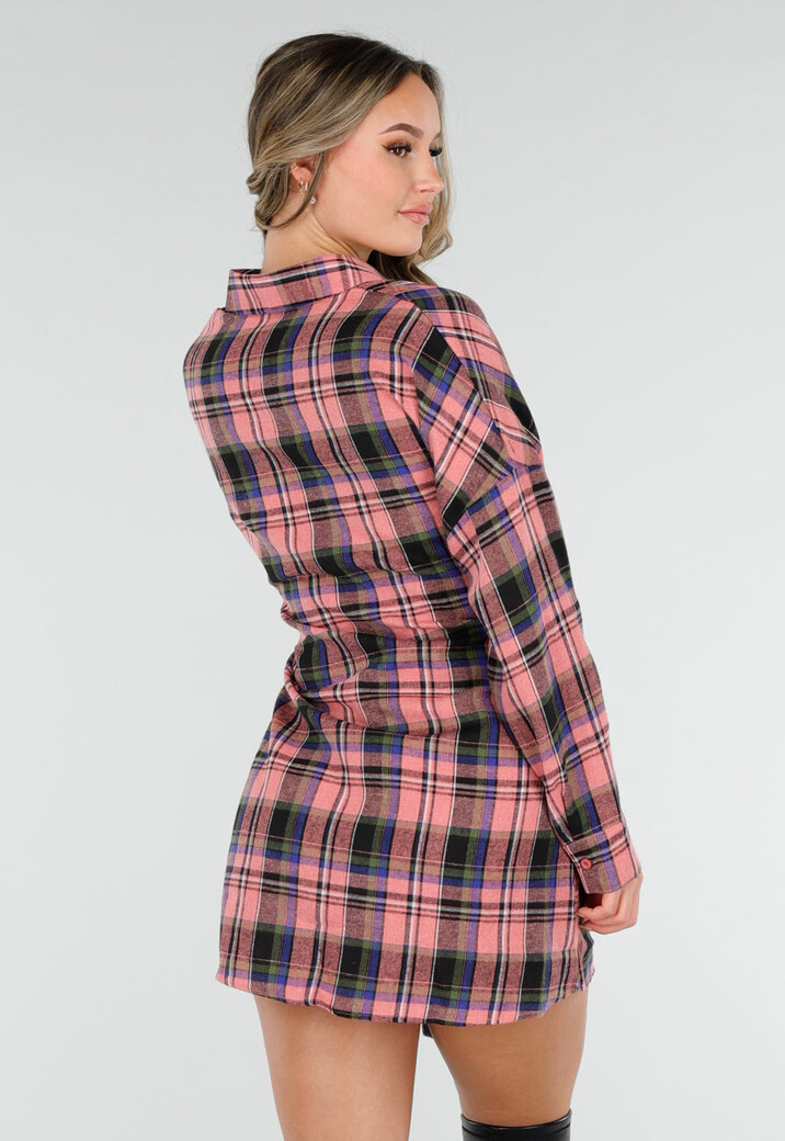 Roze Geruite Blouse Jurk met Strikmouwen