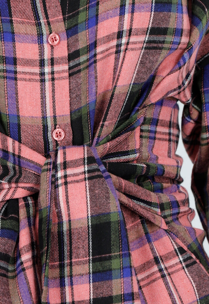 Roze Geruite Blouse Jurk met Strikmouwen