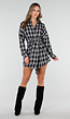 Zwart Witte Geruite Blouse Jurk met Strikmouwen