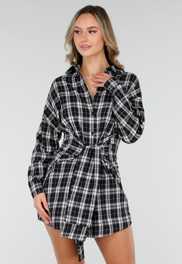 Zwart Witte Geruite Blouse Jurk met Strikmouwen