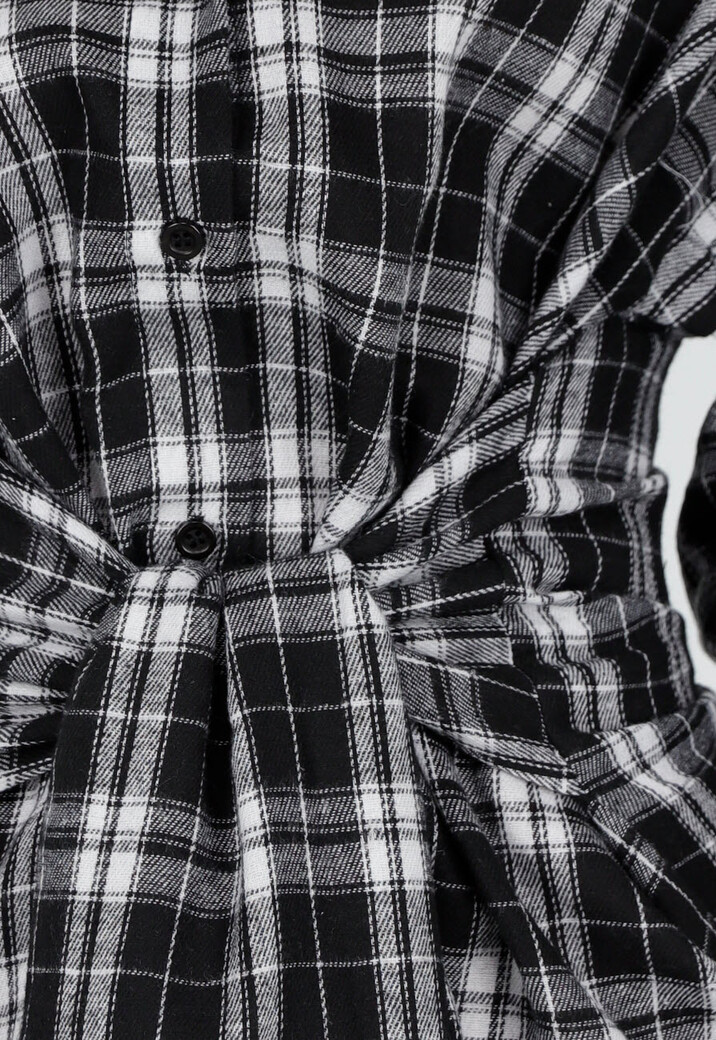 Zwart Witte Geruite Blouse Jurk met Strikmouwen