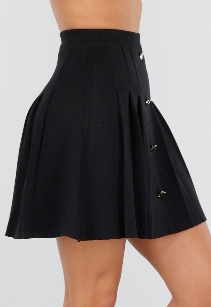 Zwarte Geplooide Rok met Sierknopen en Stretch