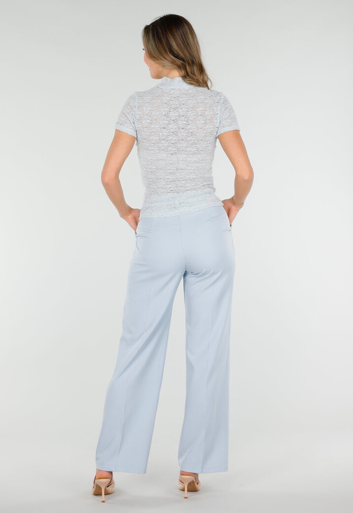 Lichtblauwe Gehaakte Stretch Top met Col en Korte Mouwen