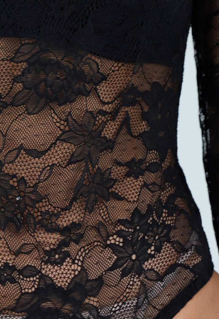 Zwarte Kanten Body met Lange Mouw en Stretch