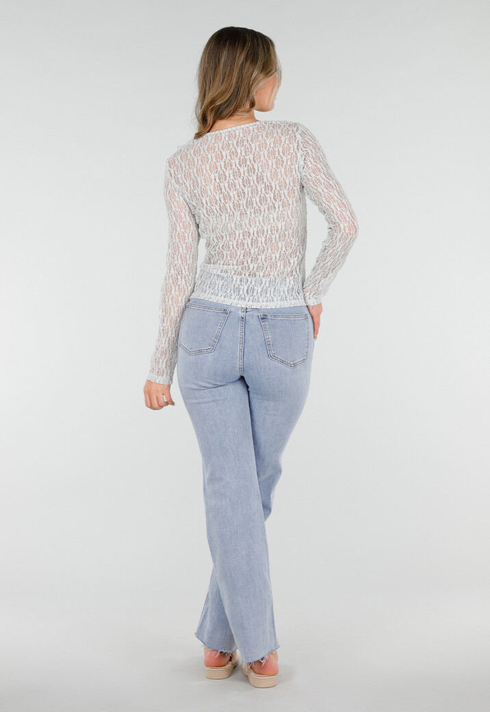 Mintgroene Kanten Top met Ruches en Lange Mouwen