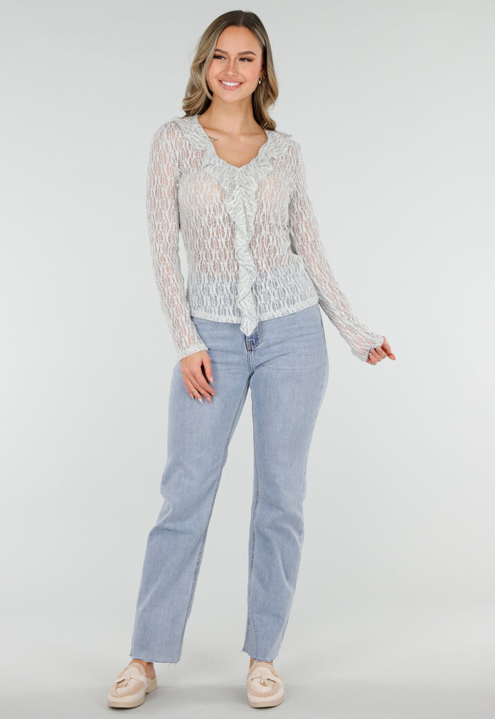 Mintgroene Kanten Top met Ruches en Lange Mouwen