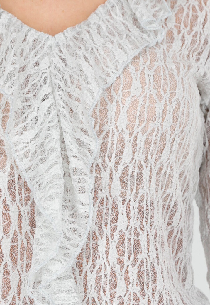 Mintgroene Kanten Top met Ruches en Lange Mouwen