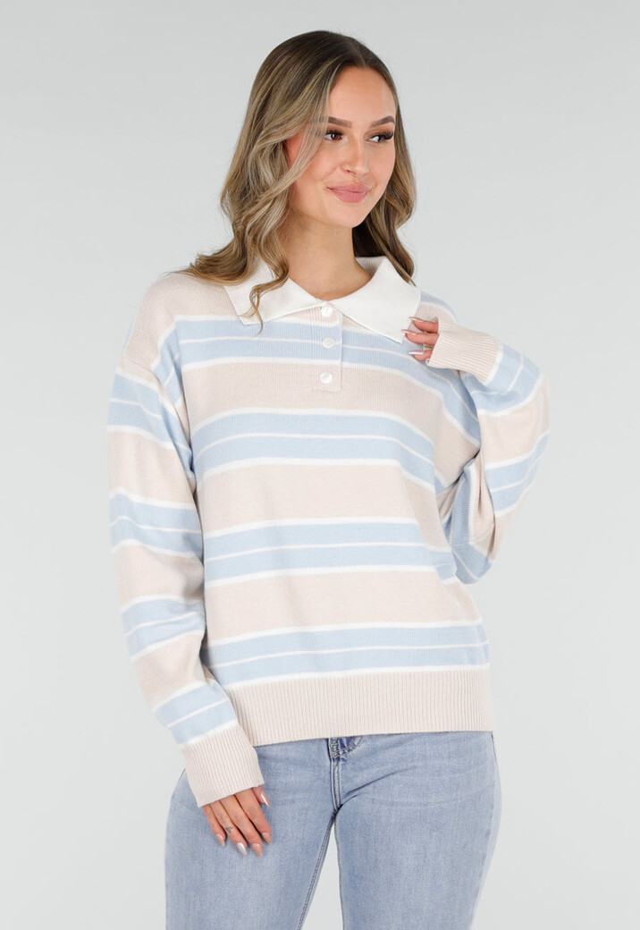 Beige met Blauw Gestreepte Polo Trui