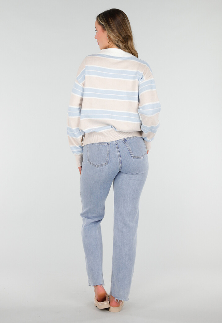 Beige met Blauw Gestreepte Polo Trui
