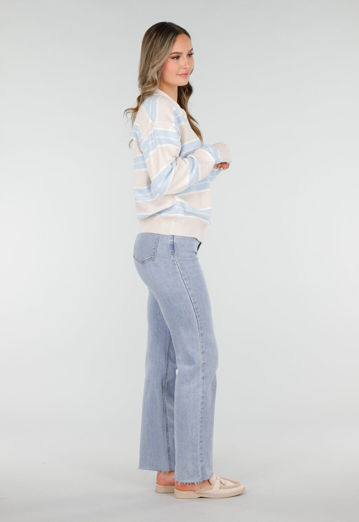 Beige met Blauw Gestreepte Polo Trui