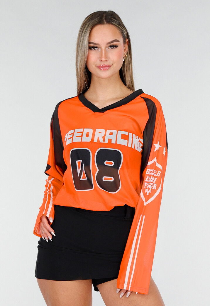 Oranje Mesh Jersey Top met Lange Mouwen