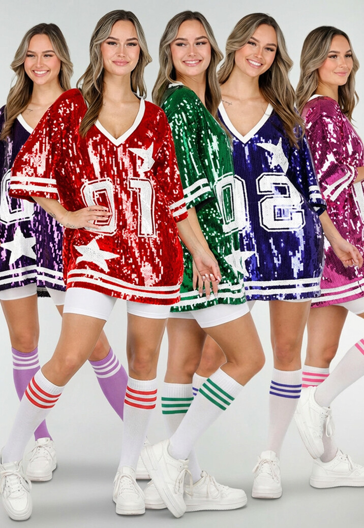 Rode Oversized Pailletten Jersey Top met V Hals