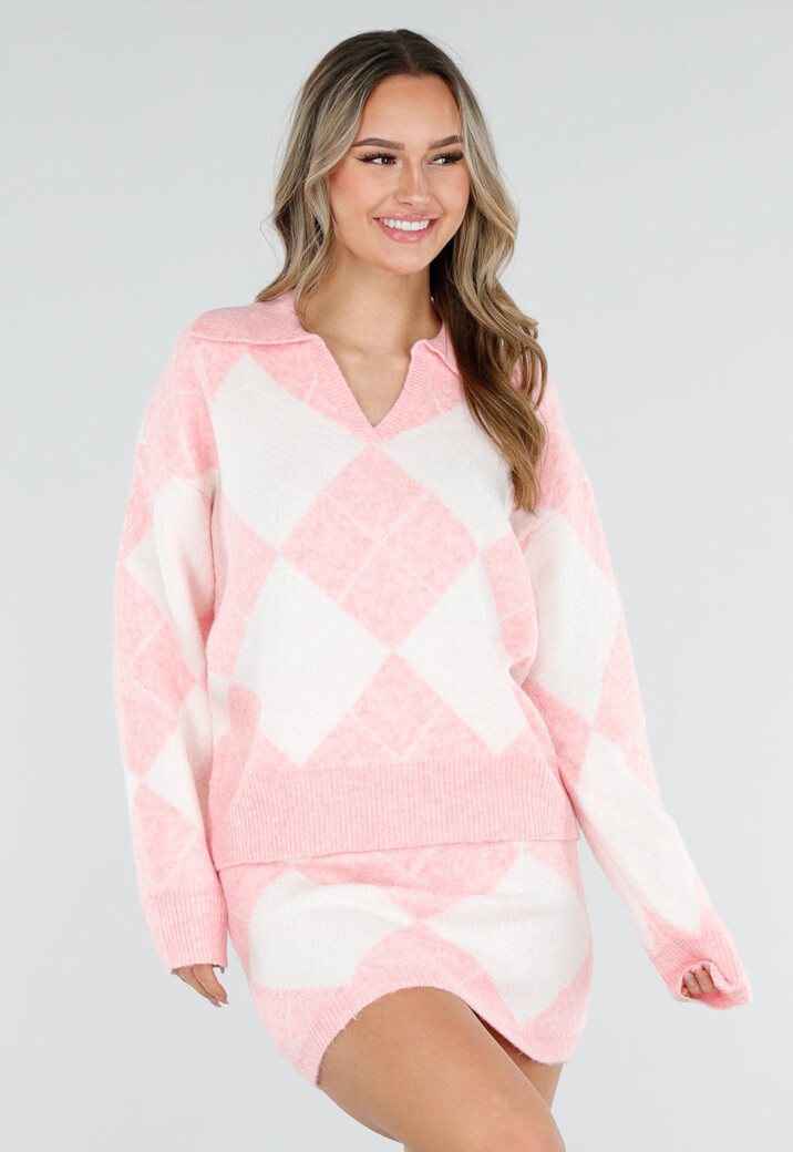 Roze Gebreide Ruitpatroon Set met Trui en Rok