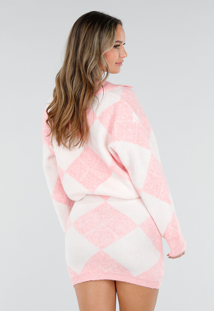 Roze Gebreide Ruitpatroon Set met Trui en Rok