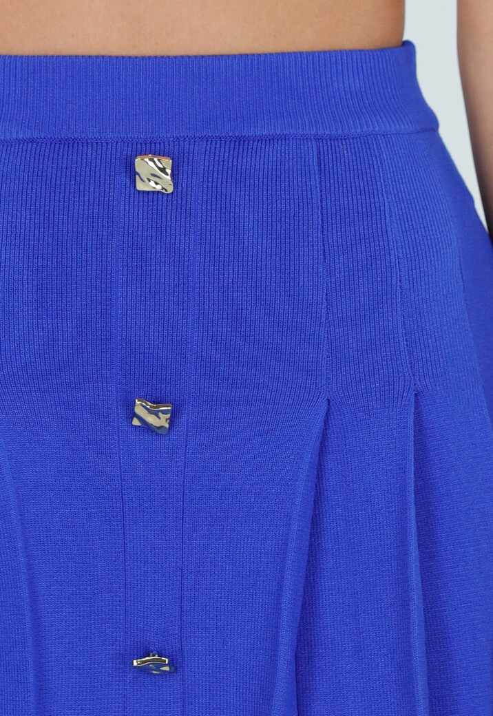 Kobalt Blauwe Plooirok met Knopen en Stretch