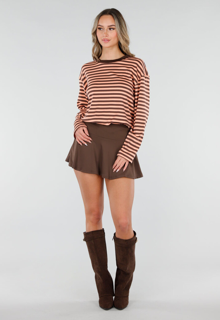 Bruin Oranje Gestreepte Top met Lange Mouwen en Stretch