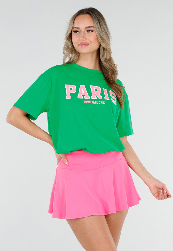 Groen T Shirt met Roze Paris Opdruk