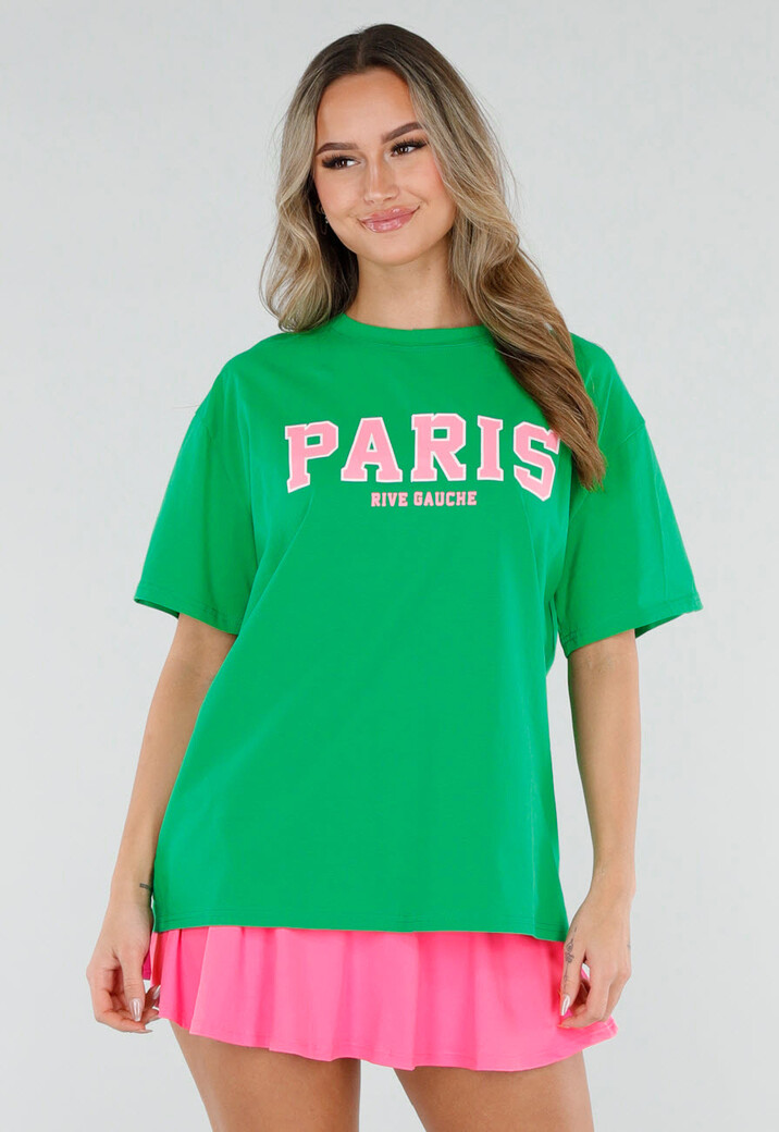 Groen T Shirt met Roze Paris Opdruk