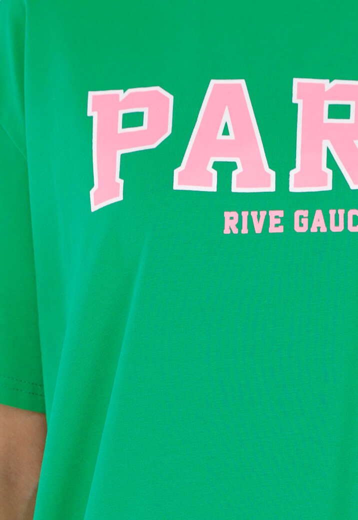 Groen T Shirt met Roze Paris Opdruk