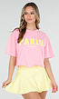 Roze T Shirt met Gele Paris Opdruk