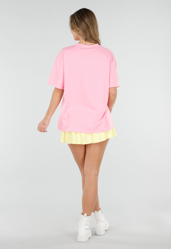 Roze T Shirt met Gele Paris Opdruk