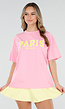 Roze T Shirt met Gele Paris Opdruk