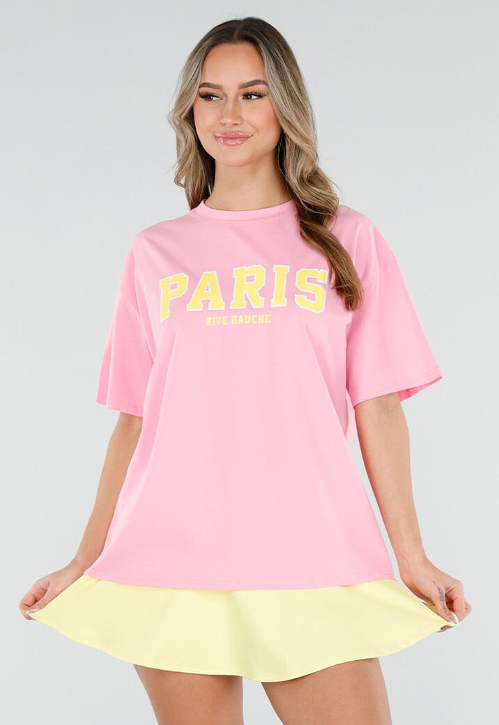 Roze T Shirt met Gele Paris Opdruk