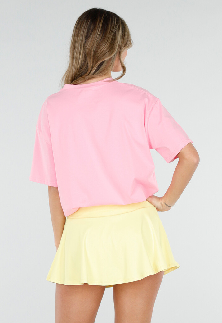 Roze T Shirt met Gele Paris Opdruk