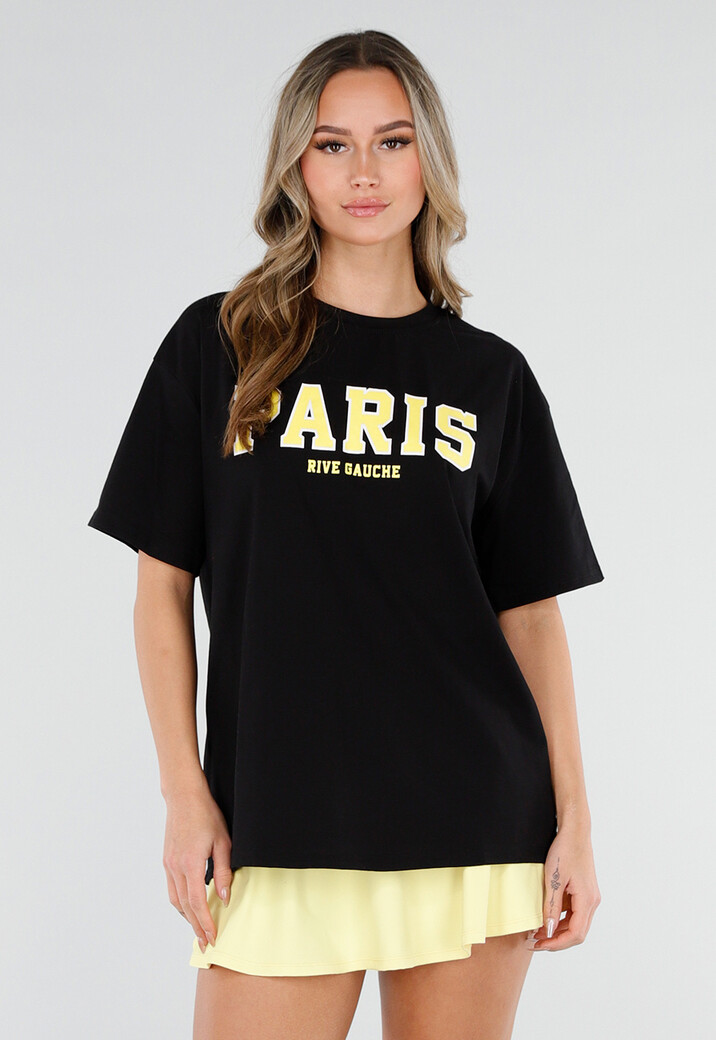 Zwart T Shirt met Gele Paris Opdruk