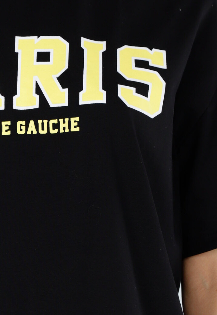 Zwart T Shirt met Gele Paris Opdruk