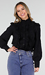 Zwarte Blouse met Ruches en Lange Mouwen