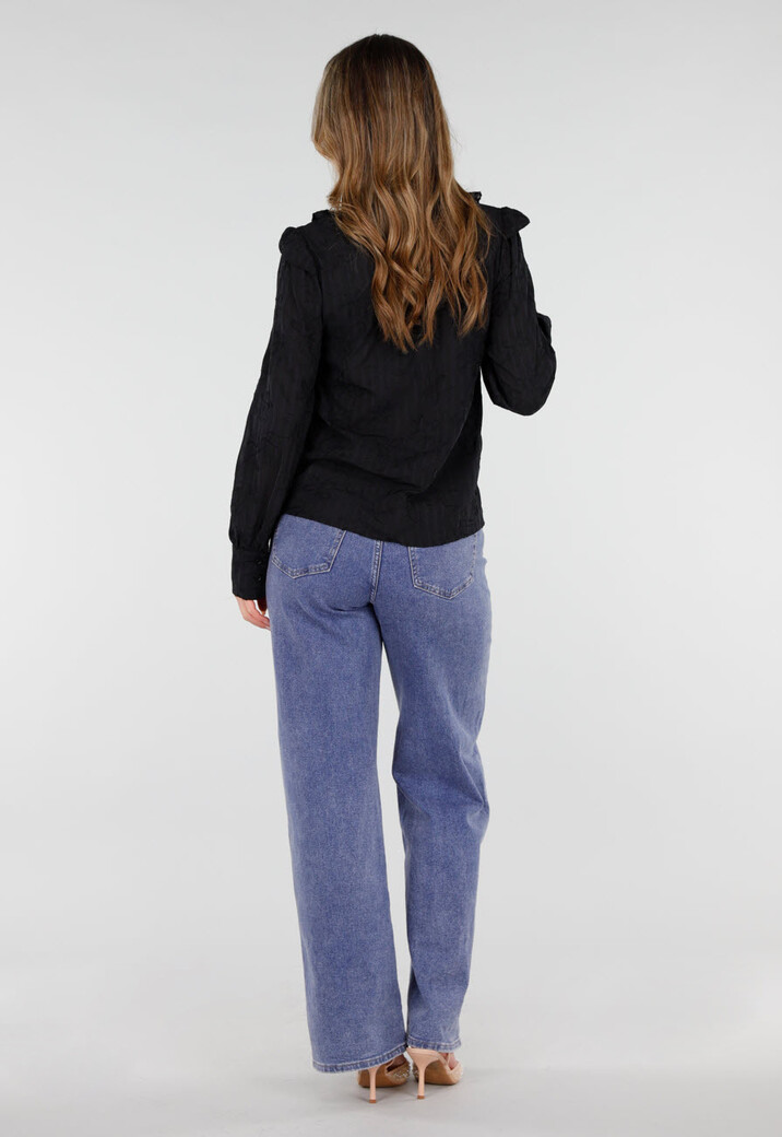 Zwarte Blouse met Ruches en Lange Mouwen