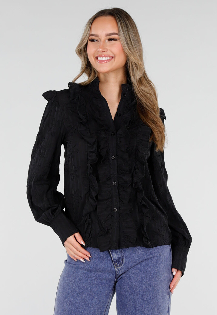 Zwarte Blouse met Ruches en Lange Mouwen