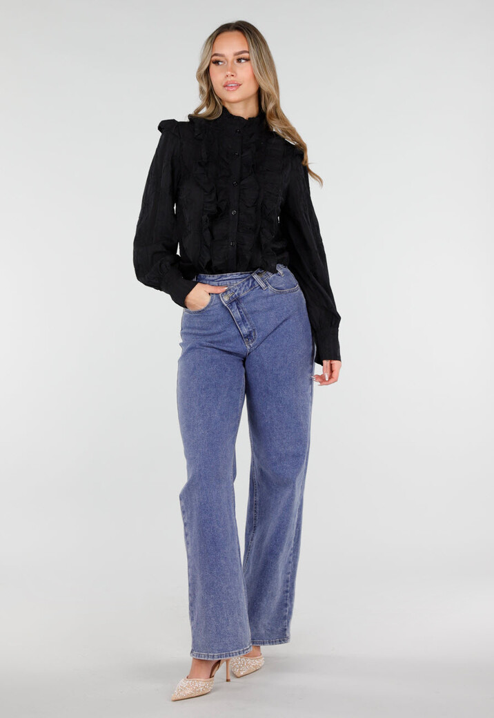 Zwarte Blouse met Ruches en Lange Mouwen