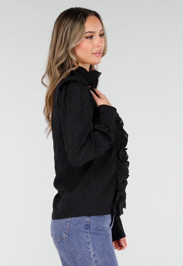 Zwarte Blouse met Ruches en Lange Mouwen