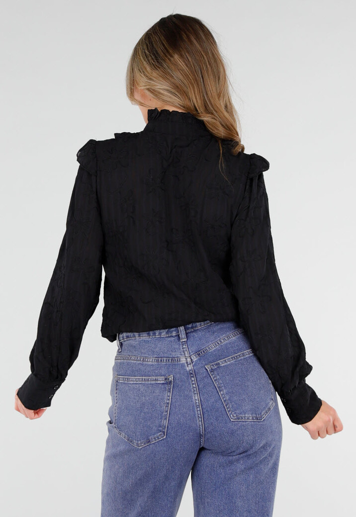 Zwarte Blouse met Ruches en Lange Mouwen